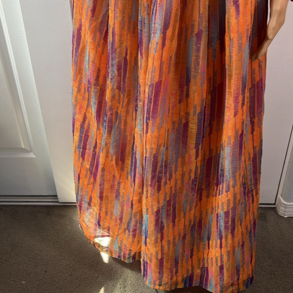 Vtg 60s 70s fabulous watercolor sheer overlay orange purple dress S - Picture 7 of 12